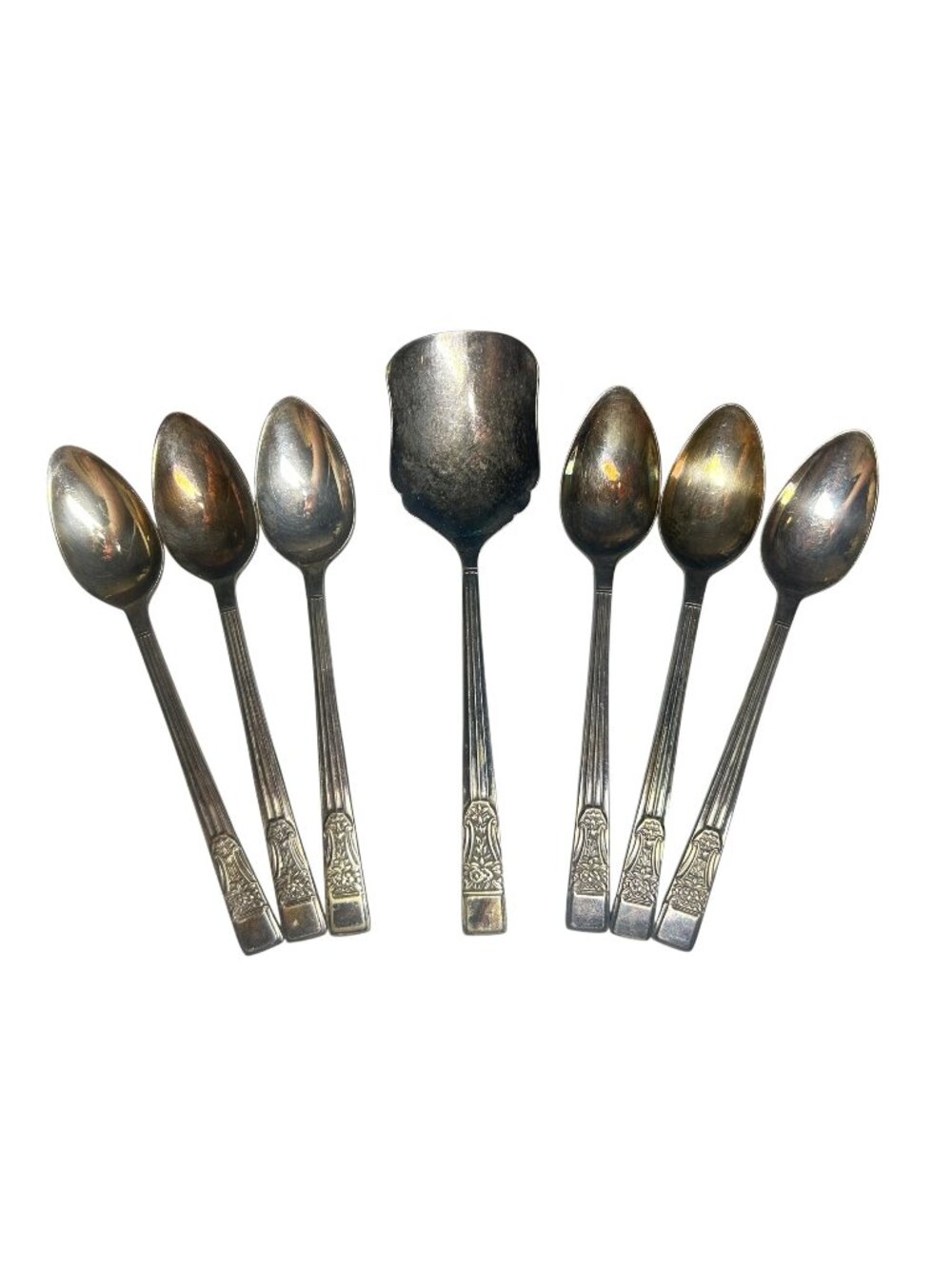 S&J EPNS England Silver Plated Flatware Set 1950s 7 Teaspoons & 1 Sugar Spoon